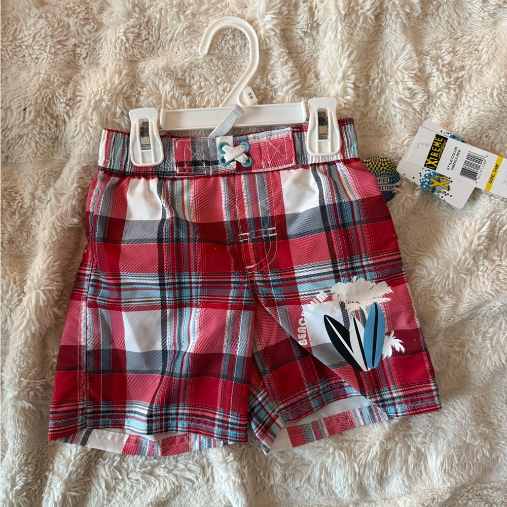 Red Plaid Boys' Swim Shorts